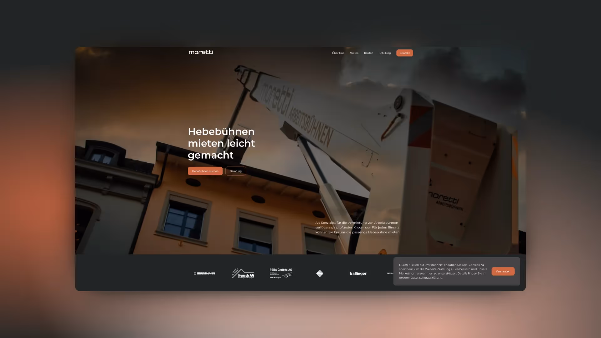 Webseite mit Mietkonfigurator für Moretti Arbeitsbühnen AG