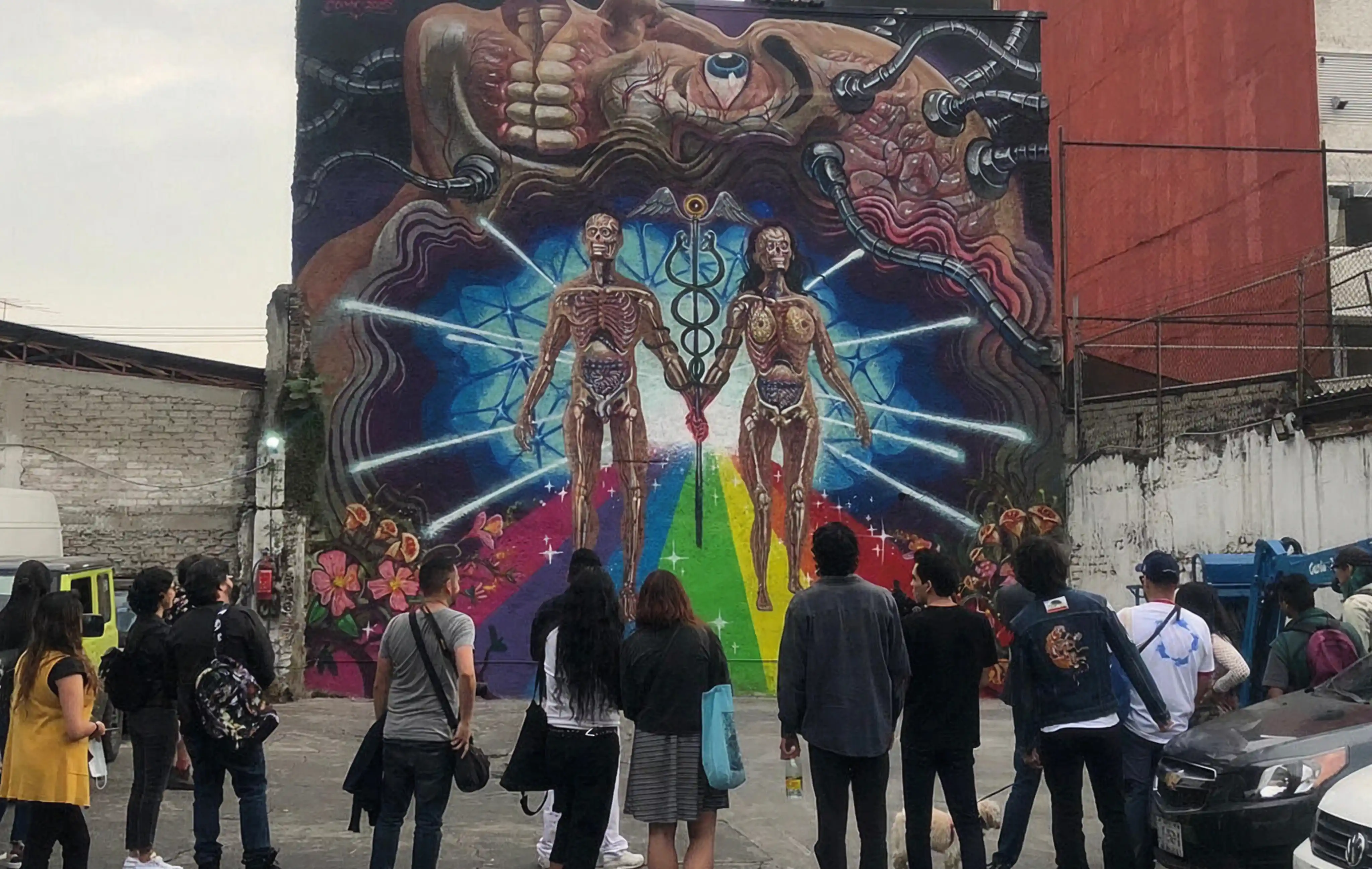 People viewing an artistic mural with anatomical figures.