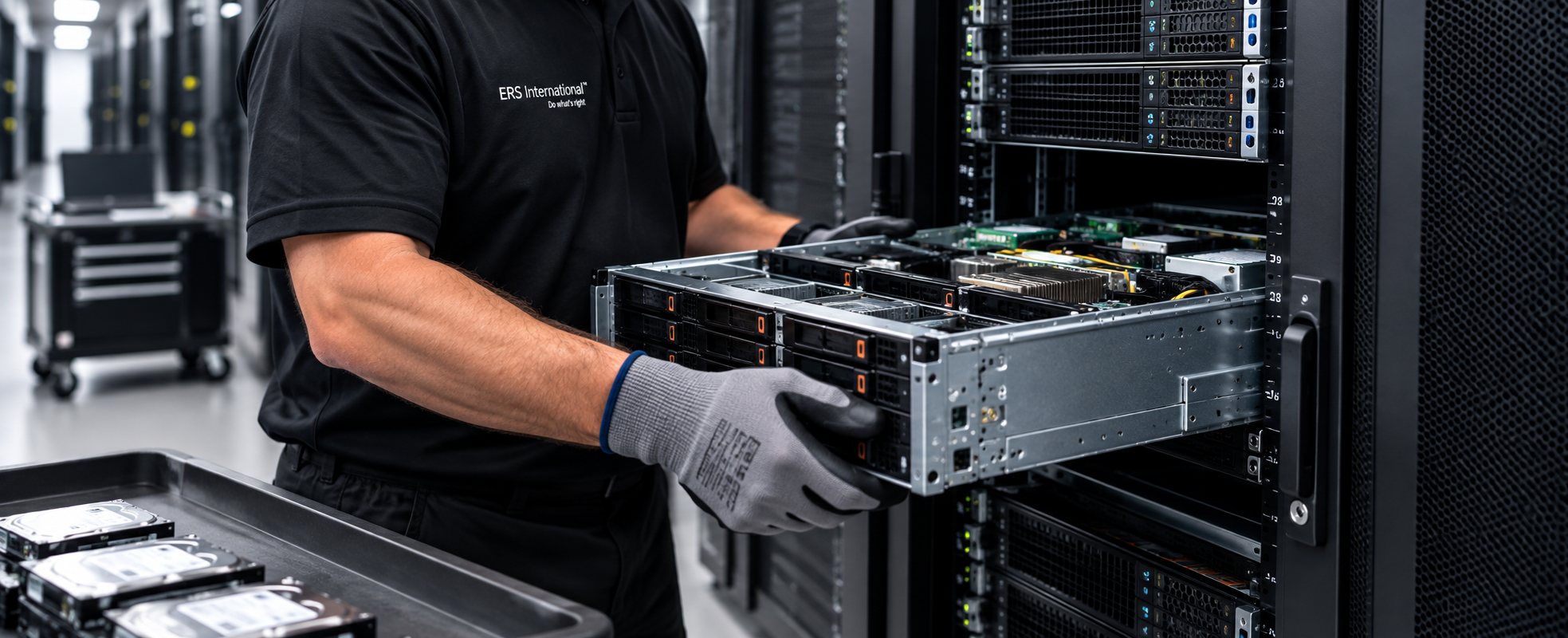 ERS International technician removing a server from a rack during data center decommissioning, with hard drives staged in a tray