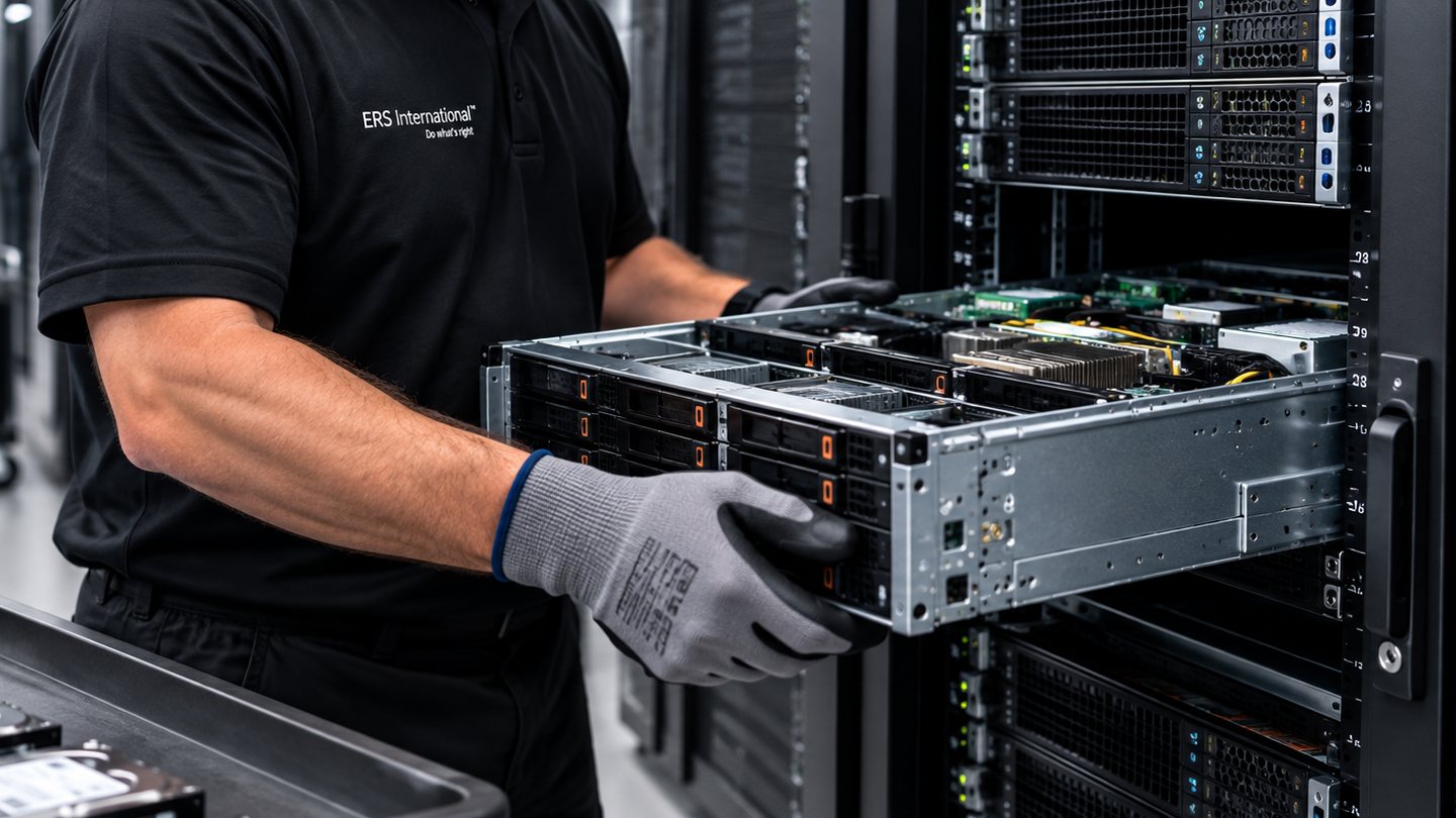 ERS International technician removing a server from a rack during data center decommissioning, with hard drives staged in a tray