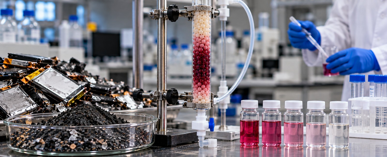 Illustration of lithium-ion battery recycling: spent battery pouches and black mass beside a column packed with chitosan beads and beakers of metal solutions.