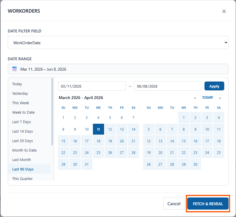 Dataset fetch dialog with date range calendar