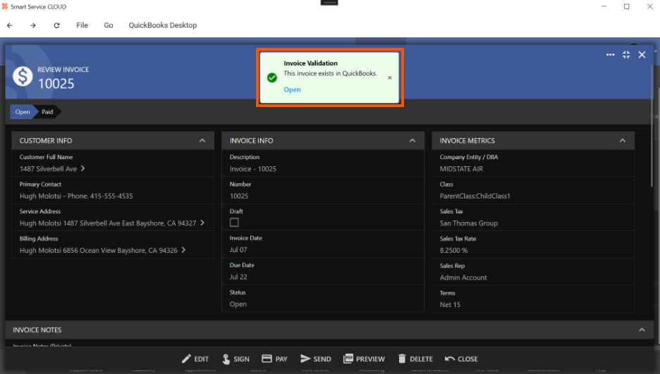 Record status showing the record exists in QuickBooks with an option to open it