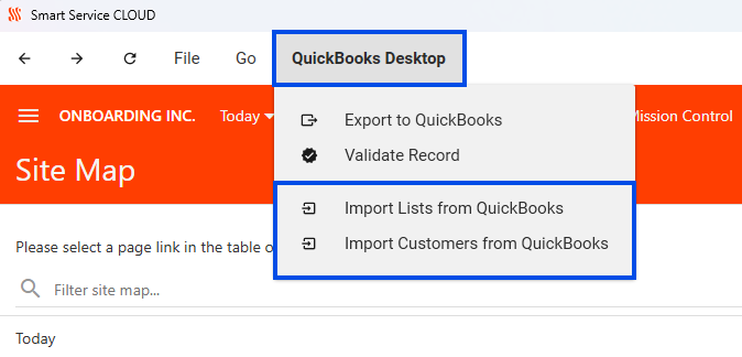 QuickBooks Desktop menu in Smart Service Cloud with the import options