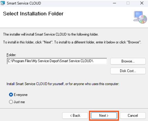 Install folder location screen of the Cloud Desktop installer