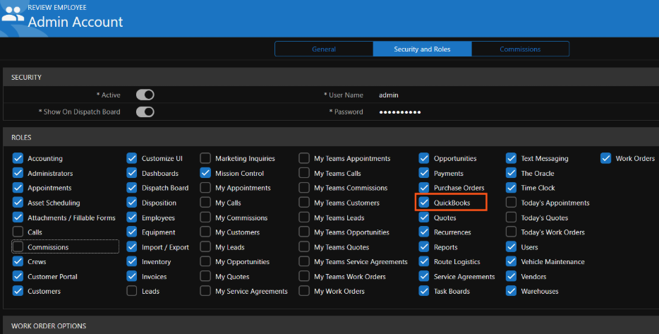 Employee settings showing the QuickBooks role assigned