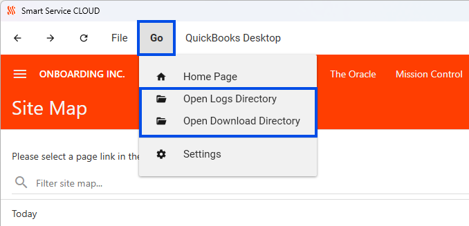 Go menu in the Cloud Desktop application with the Logs folder option