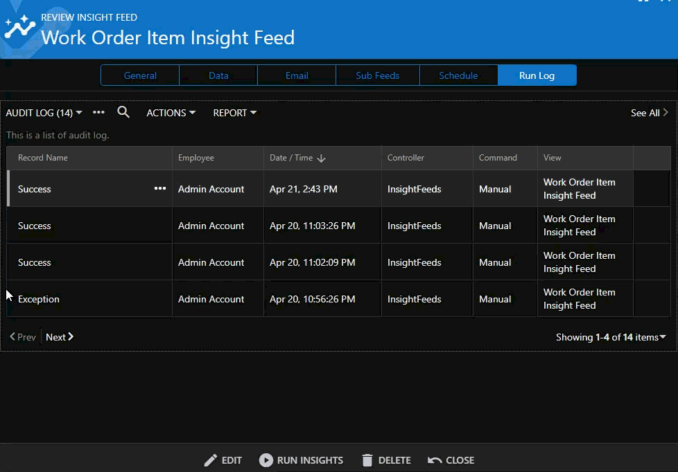 Insight Feed Run Log showing an exception