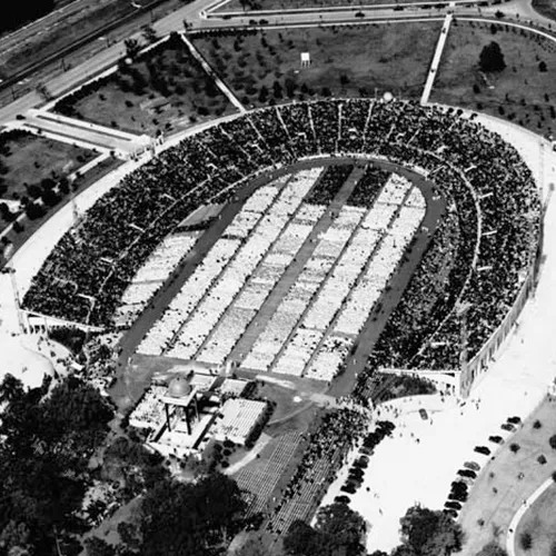Overhead photo of the 1938 Eucharistic Congress at City Park Stadium