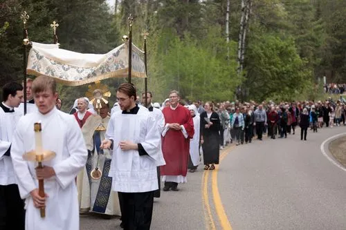 People walking in a Eucharistic procession during the National Eucharistic Pilgrimage.