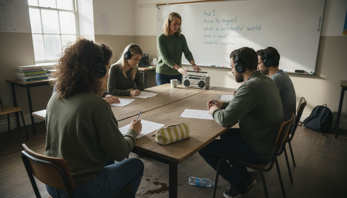 Students in language class listening to music