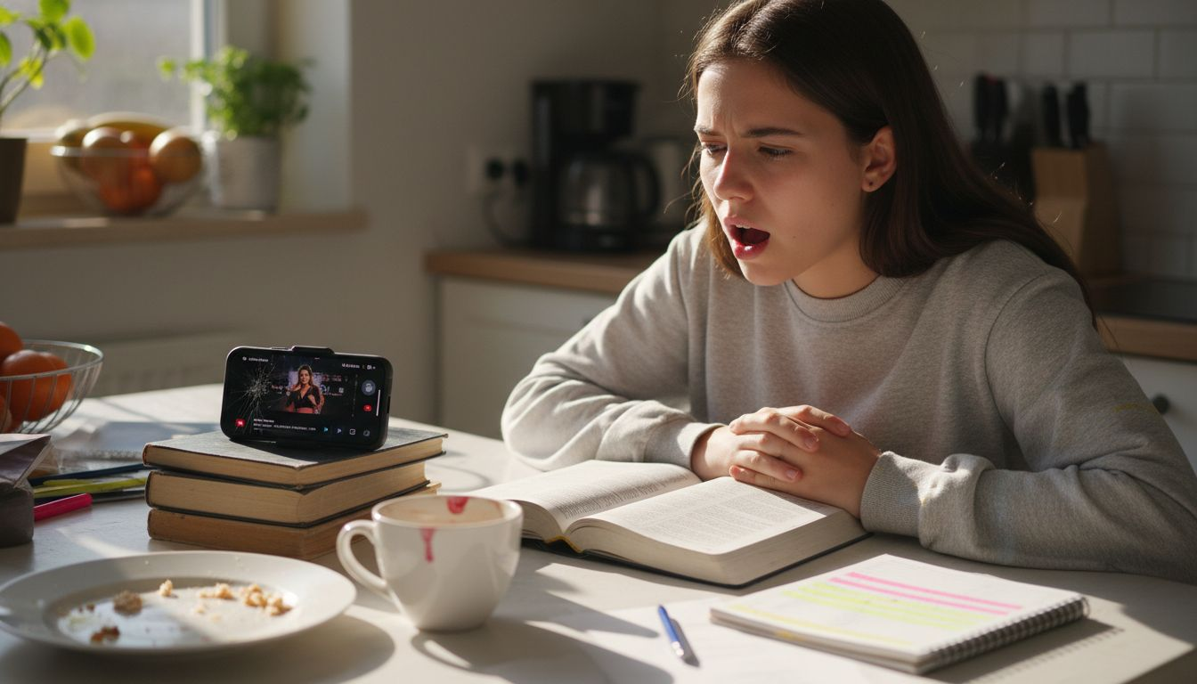 Student practicing Spanish lyrics at kitchen table