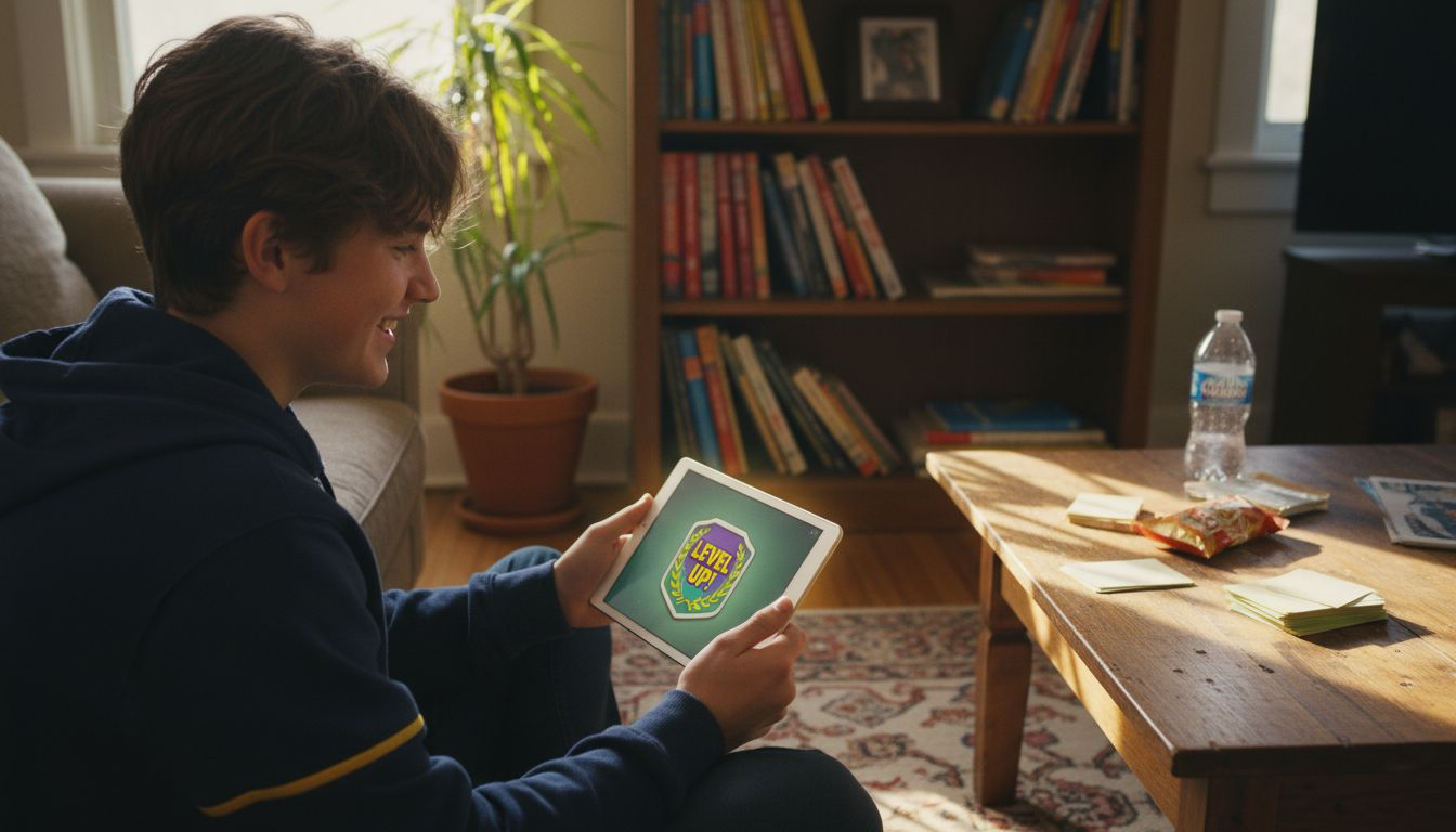 Teen earning language badge on tablet at home