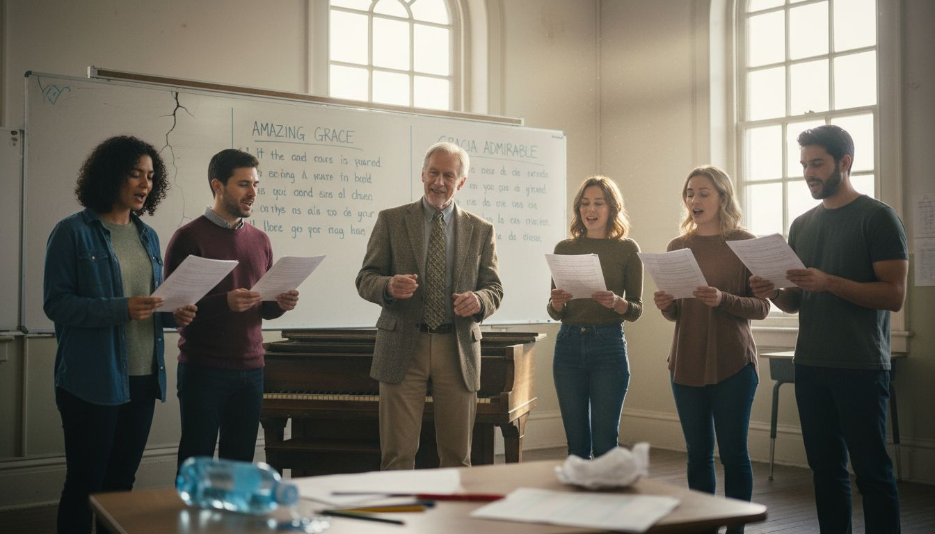 Teacher leads group singing for language practice