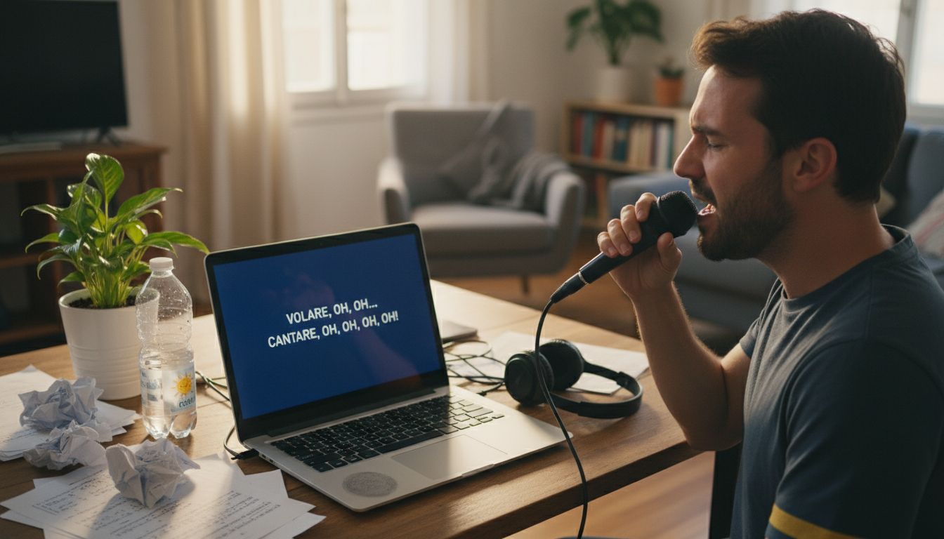 Man practicing Italian karaoke in home workspace
