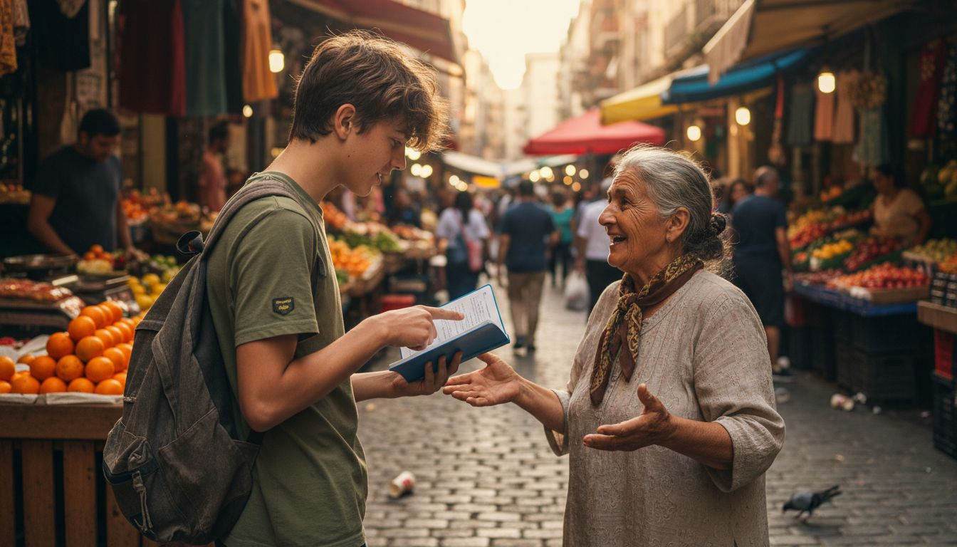 Real language exchange at city street market