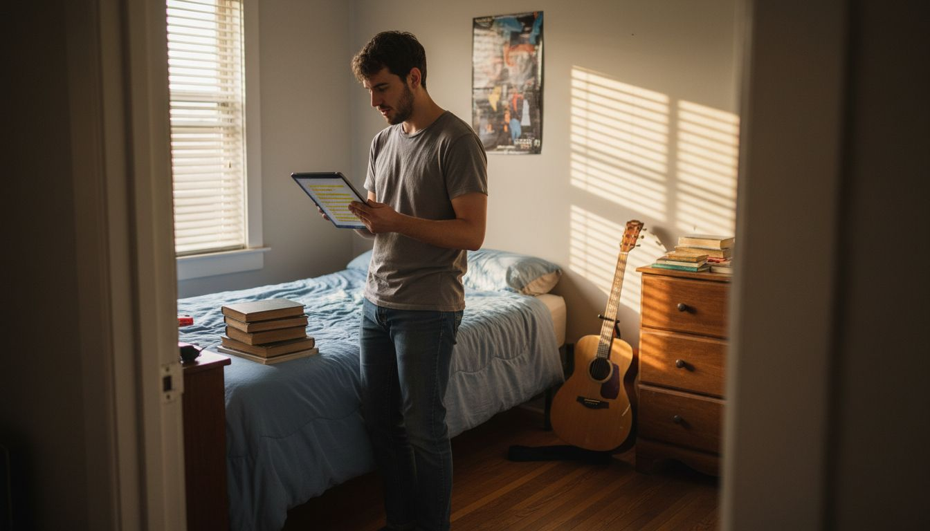 Young man practicing pronunciation with lyrics in bedroom
