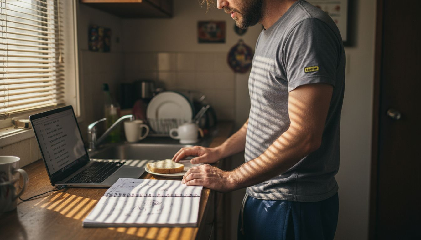 Adult practicing foreign song lyrics at kitchen counter