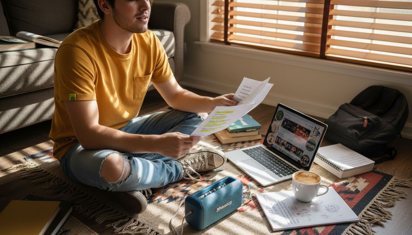 Student singing and studying Spanish music at home
