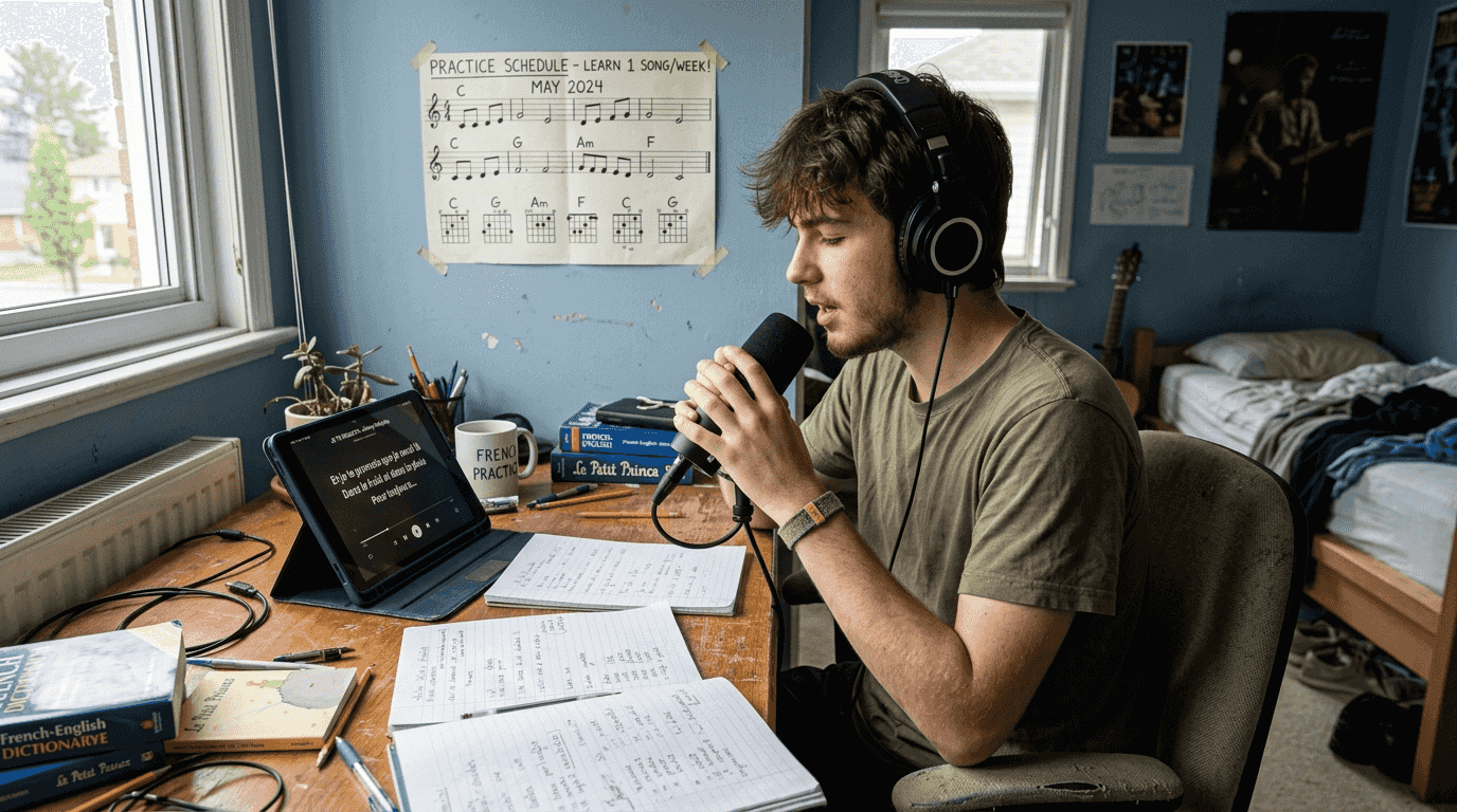 Teen practicing language via karaoke at desk