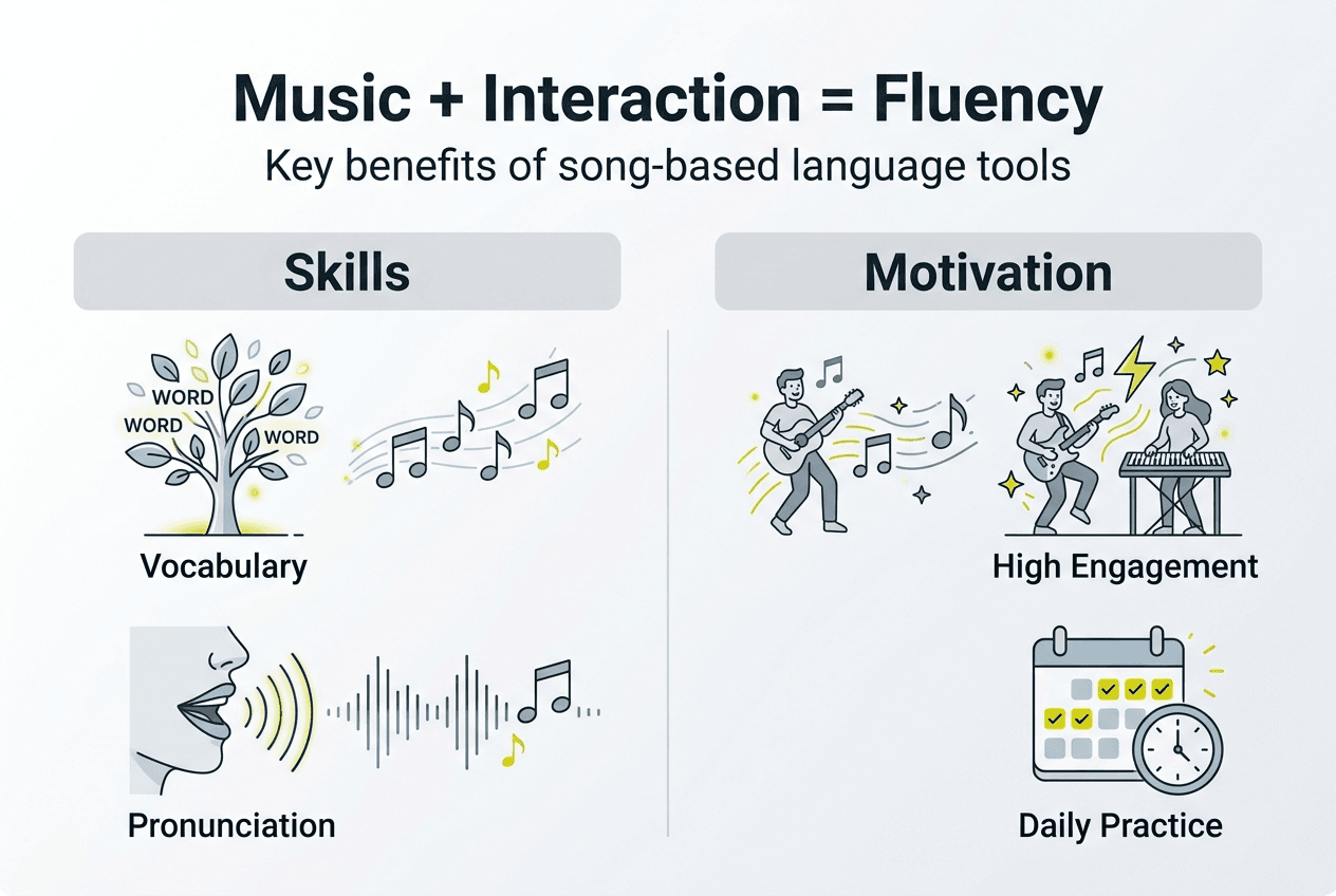 Infographic showing music-driven language learning benefits