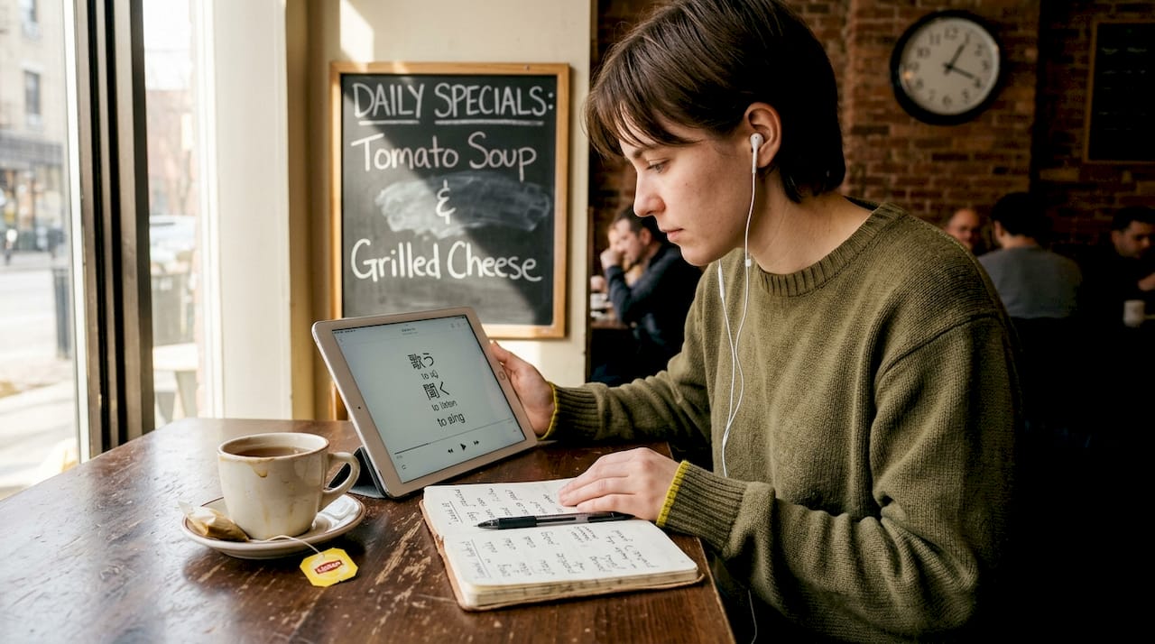 Person learning language with lyrics in café