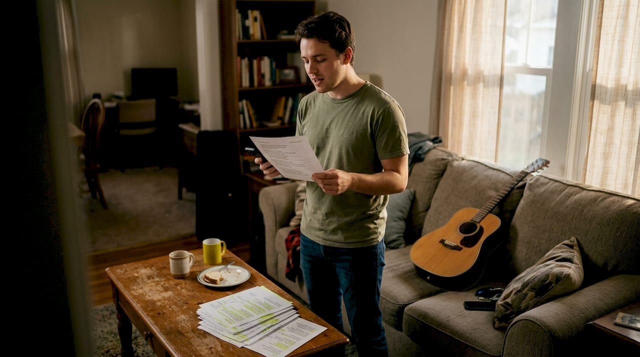 Man practicing language by singing at home