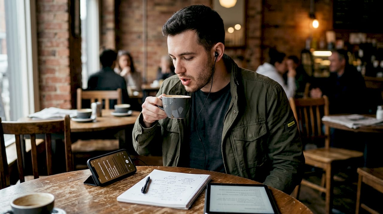 Man practicing language with music in café
