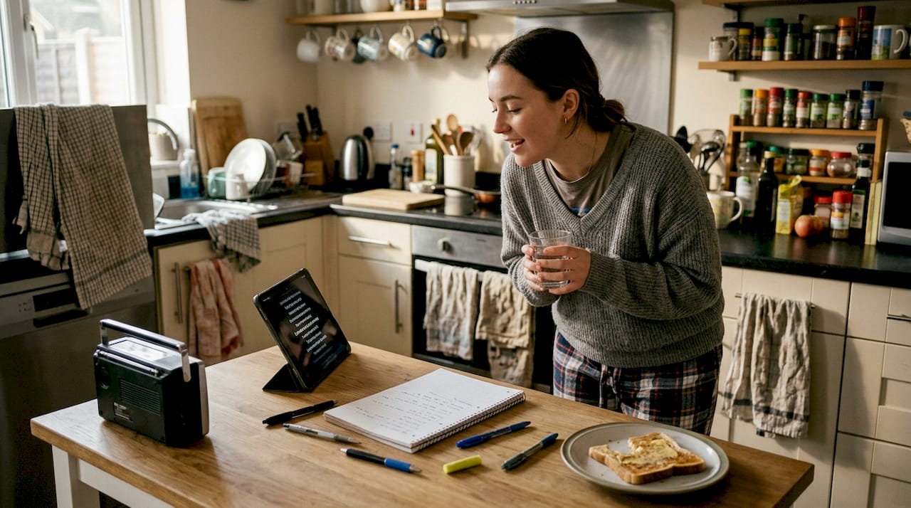 Woman singing from tablet in cozy kitchen
