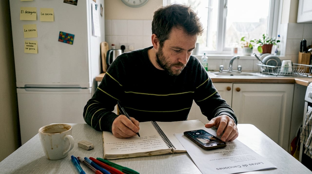 Man analyzing Spanish lyrics and taking notes