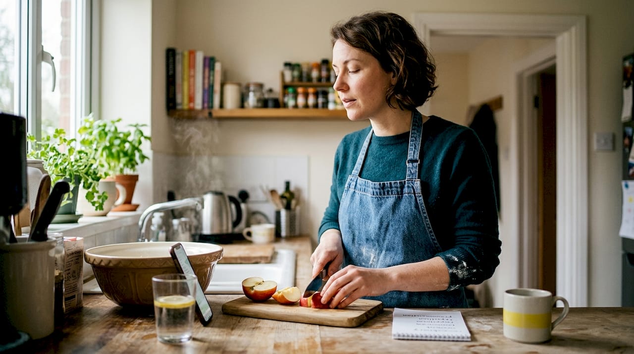 Woman practicing language music quiz in kitchen