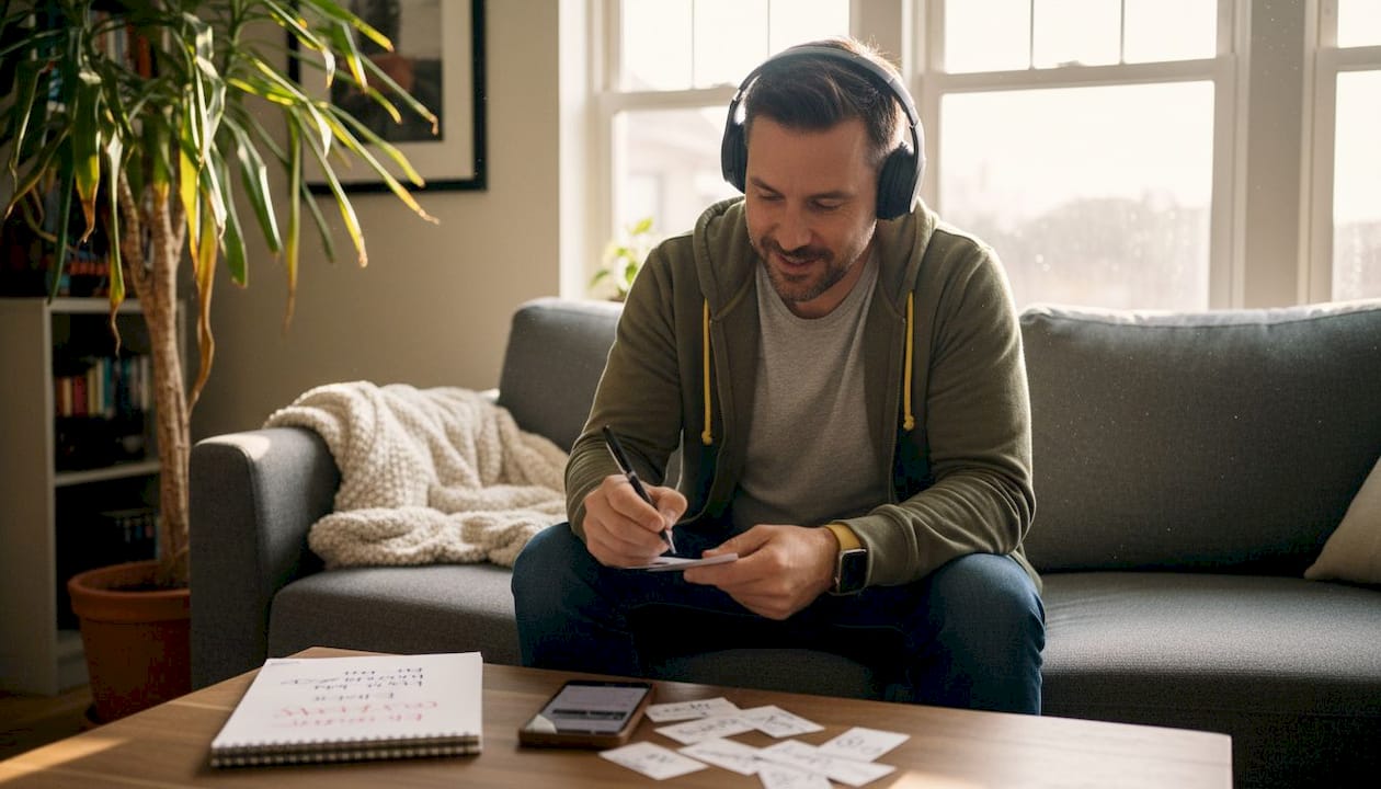 Man writing language cards while listening to music