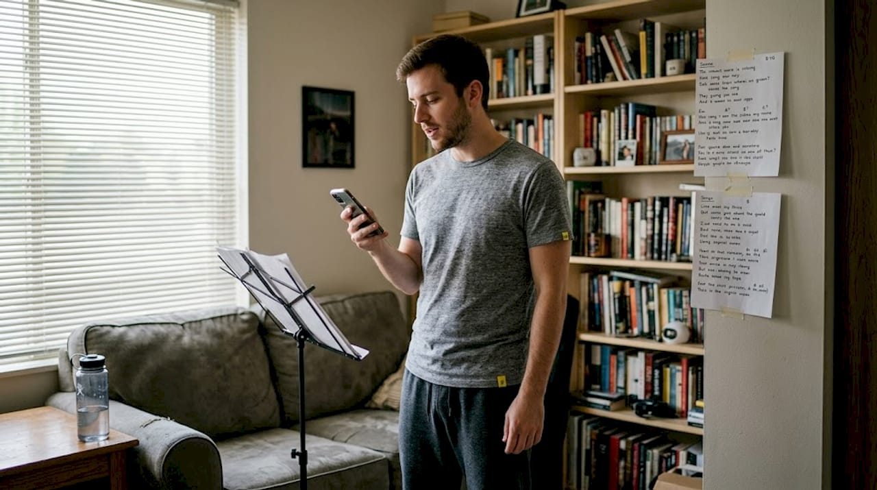 Man practicing shadow singing in living room