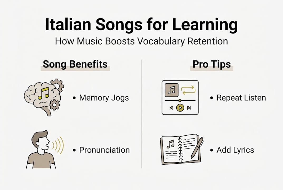 Infographic steps for learning Italian with songs