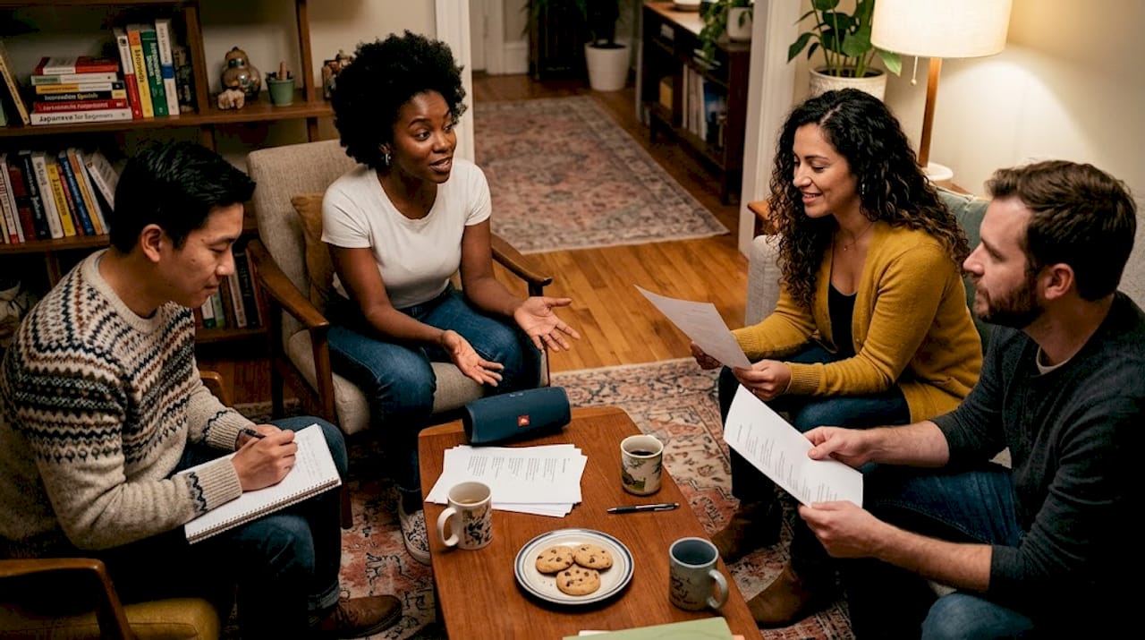 Group discusses language with song lyrics in living room