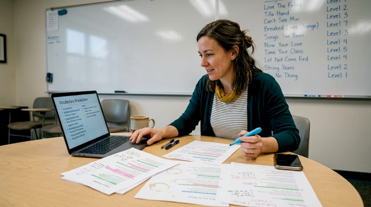 Teacher comparing song lyrics for learning
