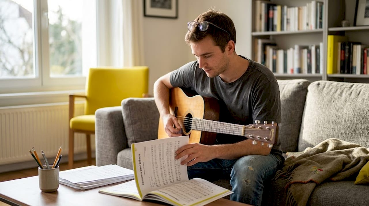 Man practicing French children’s songs on guitar