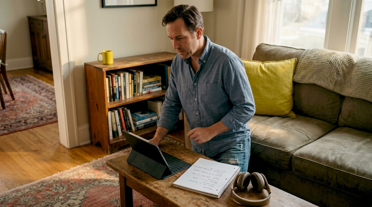 Man practicing language workflow with music in living room