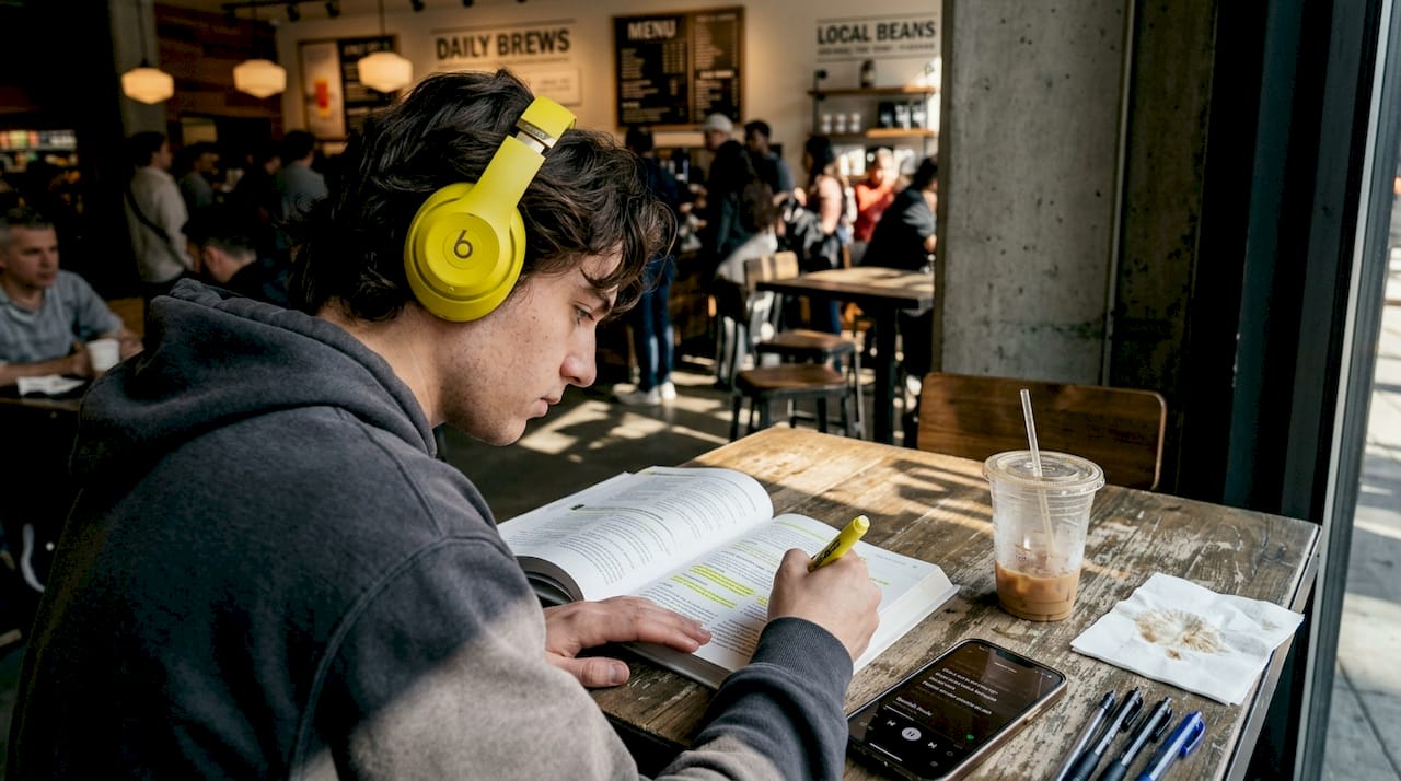 Student learns language with music in café