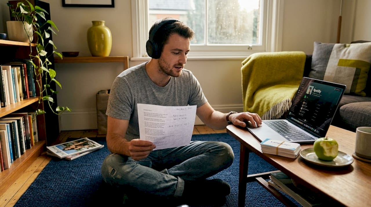 Man practicing language singing in living room