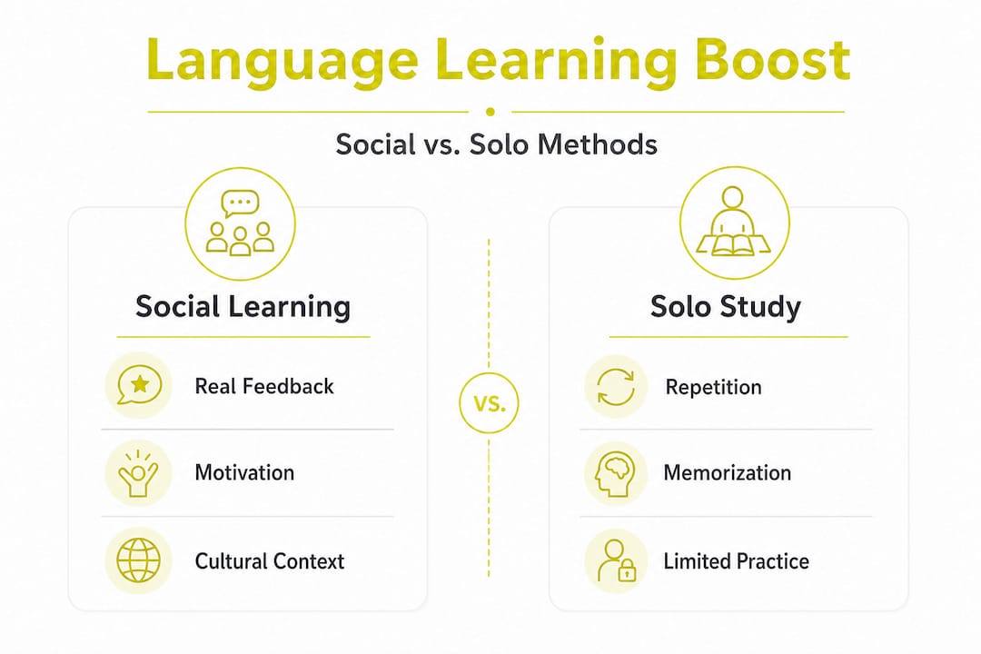 Infographic comparing social and solo language learning approaches