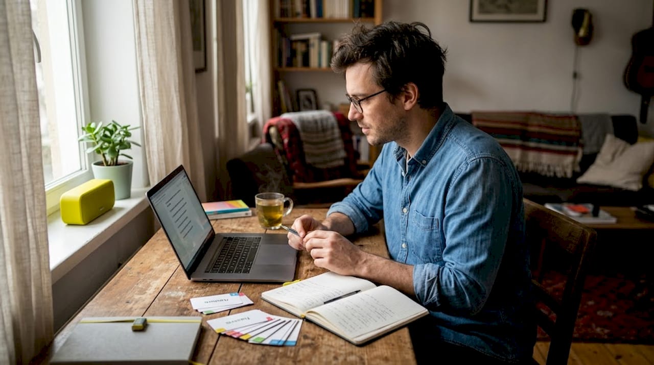 Man studies pronunciation with music at kitchen table