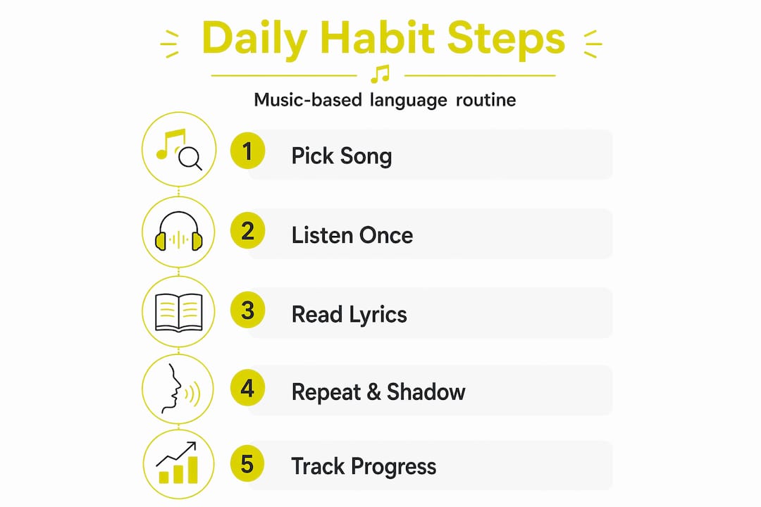 Infographic showing music-based language habit steps