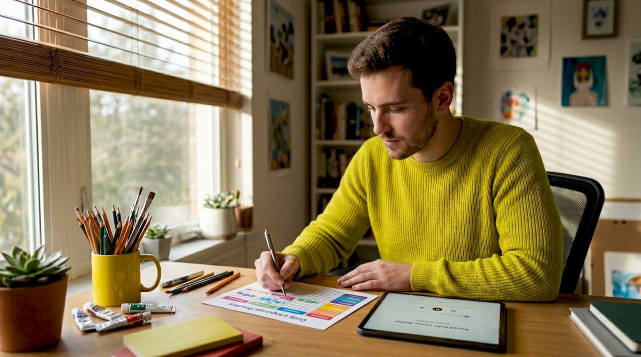 Man tracking daily language practice progress