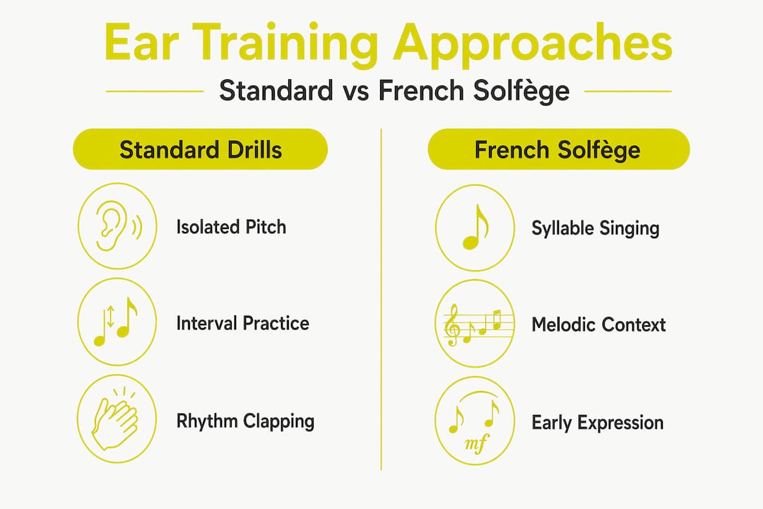 Infographic contrasting standard and French solfège ear training
