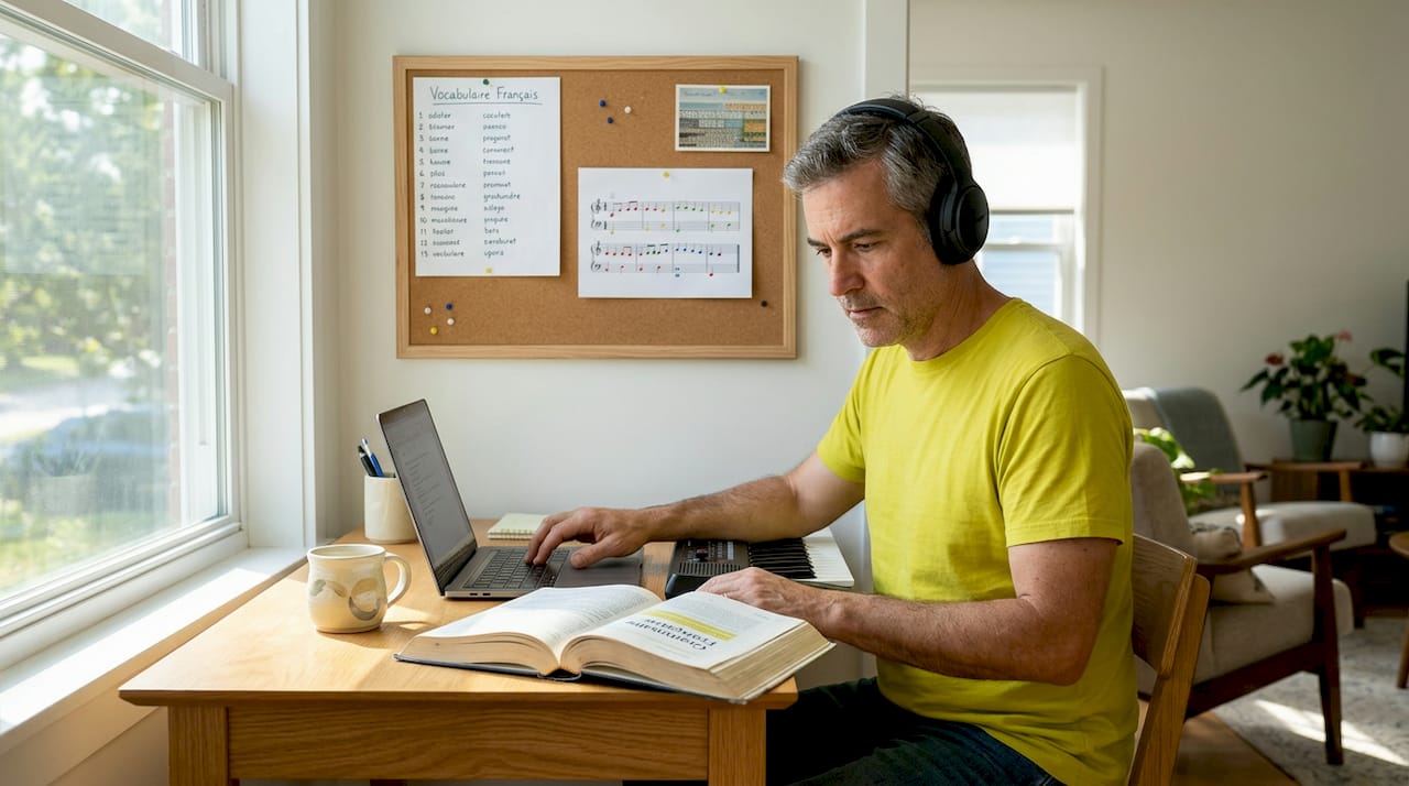 Man combining musical and French ear training