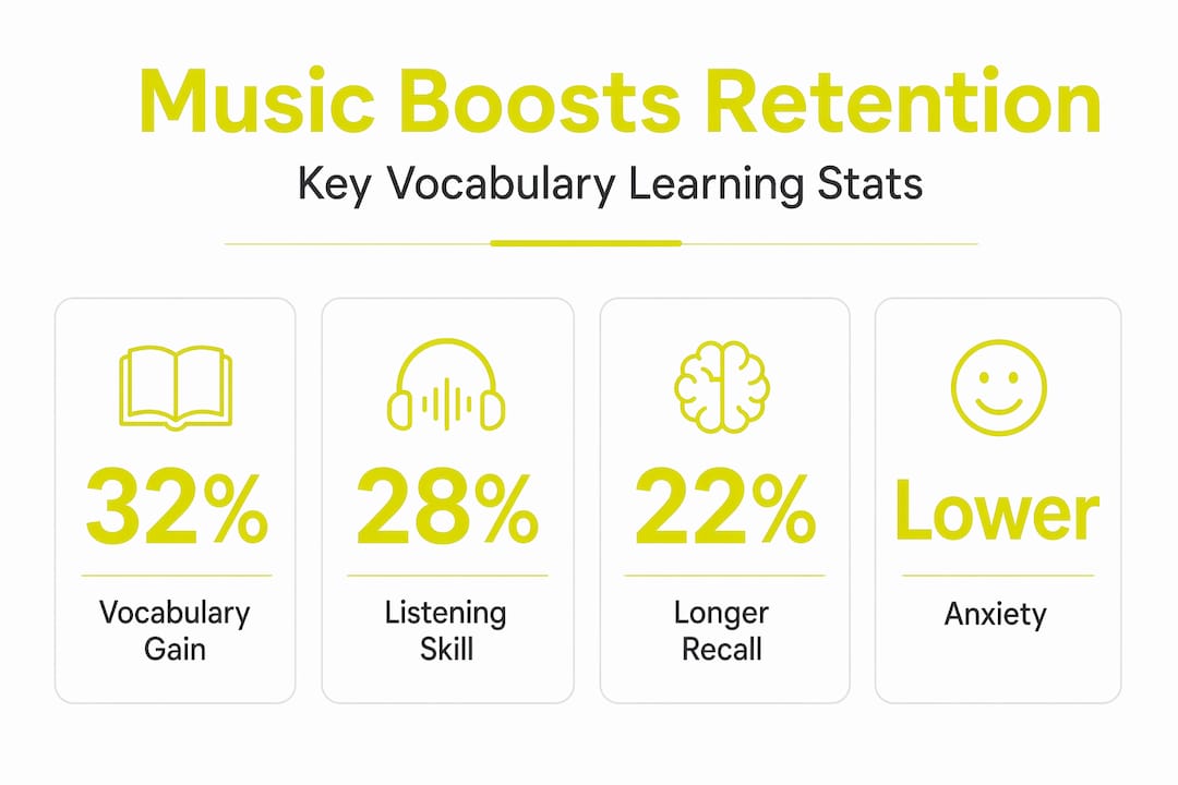 Infographic comparing vocabulary gains from music