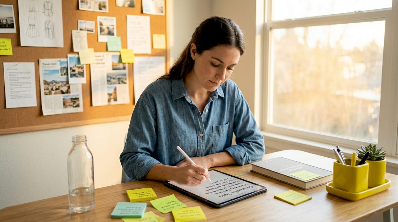 Woman prepares language exchange topics