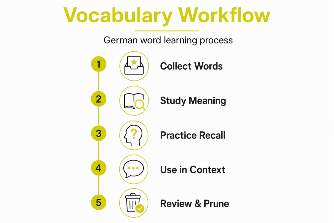 Infographic outlining German vocabulary learning steps