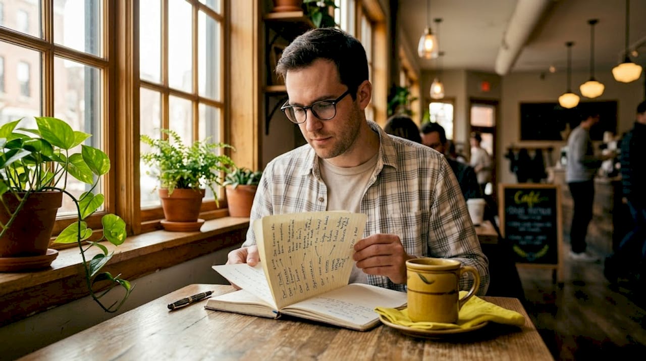 Man reviewing German vocabulary notebook in café